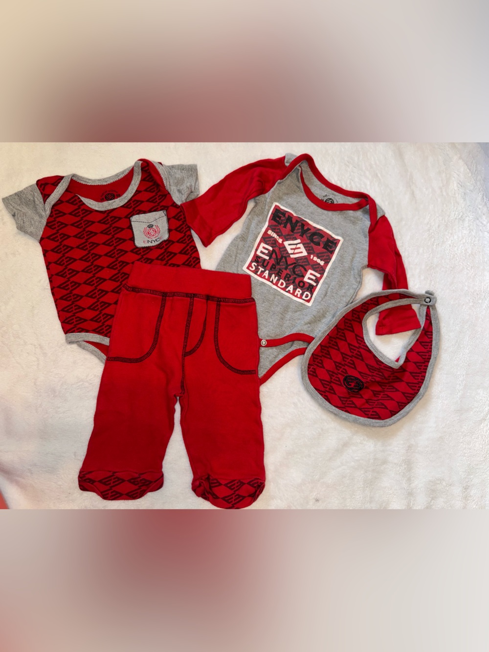 Enyce 3/6 months 4-piece Red Baby Bodysuit with Gray Trim